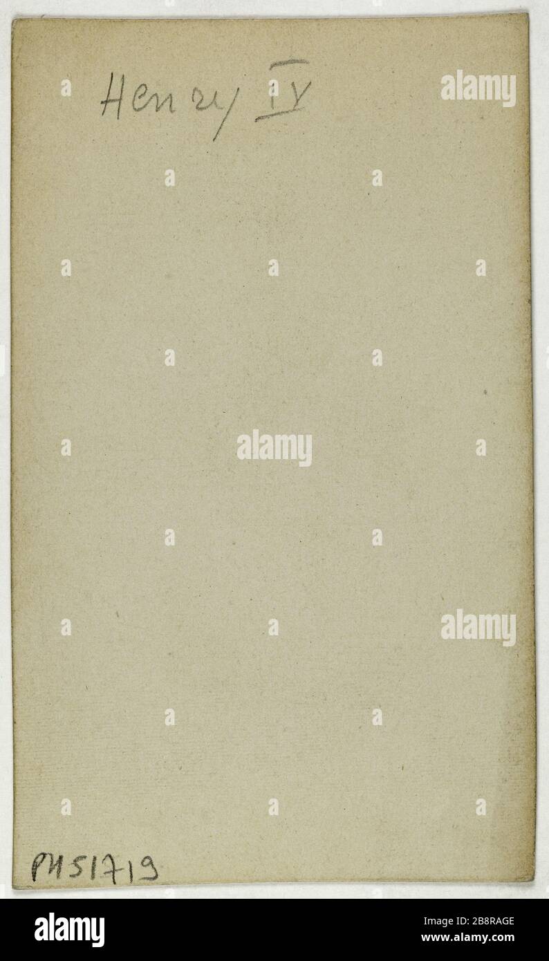 Porträt von Heinrich IV., Heinrich von Navarra (1550-1610), König von Frankreich Porträt d'Henri IV, HenriPortrait de Navarre, (1550-1610), roi. Portrait de France. Carte de visite (verso).tirage sur Papier albuminé. Entre 1860-1890. Photographie de Mignon. Paris, musée Carnavalet. Stockfoto