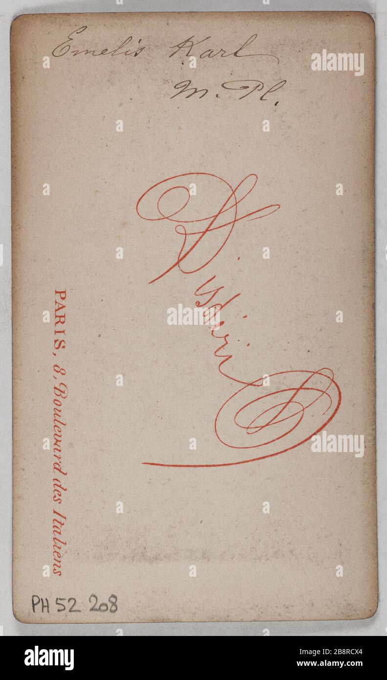 Porträt von Mary Karl (Amélie Jeanne Jaime Said), (Schauspielerin), (Tochter von Theodore Barriere) Portrait de Marie Karl (dite Amélie Jeanne Jaime), actrice et fille de Théodore Barrière. 1860-1890. Carte de visite (verso). Photographie de Disdéri & Cie. Paris, musée Carnavalet. Stockfoto