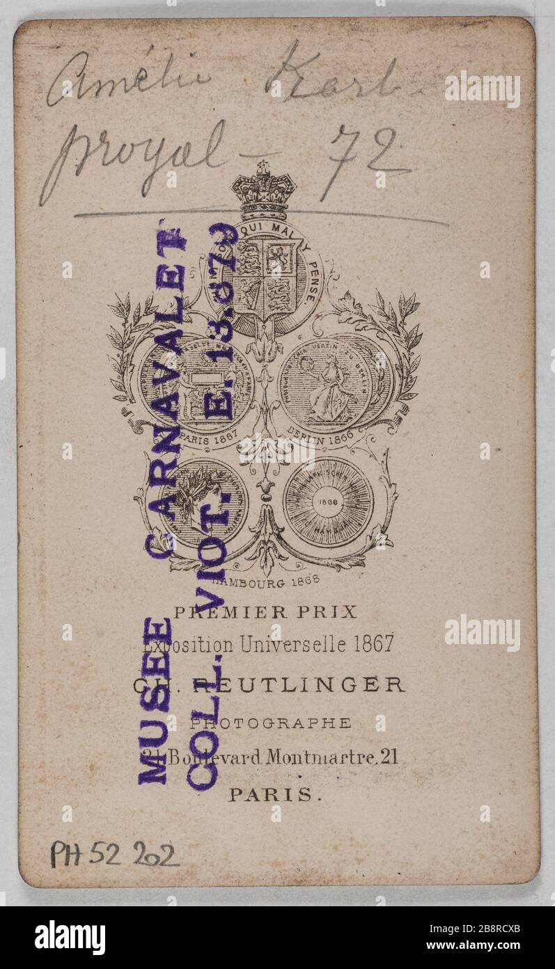 Porträt von Mary Karl (Amélie Jeanne Jaime Said), (Schauspielerin), (Tochter von Theodore Barriere) Portrait de Marie Karl (dite Amélie Jeanne Jaime), actrice et fille de Théodore Barrière. 1872. Carte de visite (verso). Photographie de Charles Reutlinger (1816-1880). Paris, musée Carnavalet. Stockfoto
