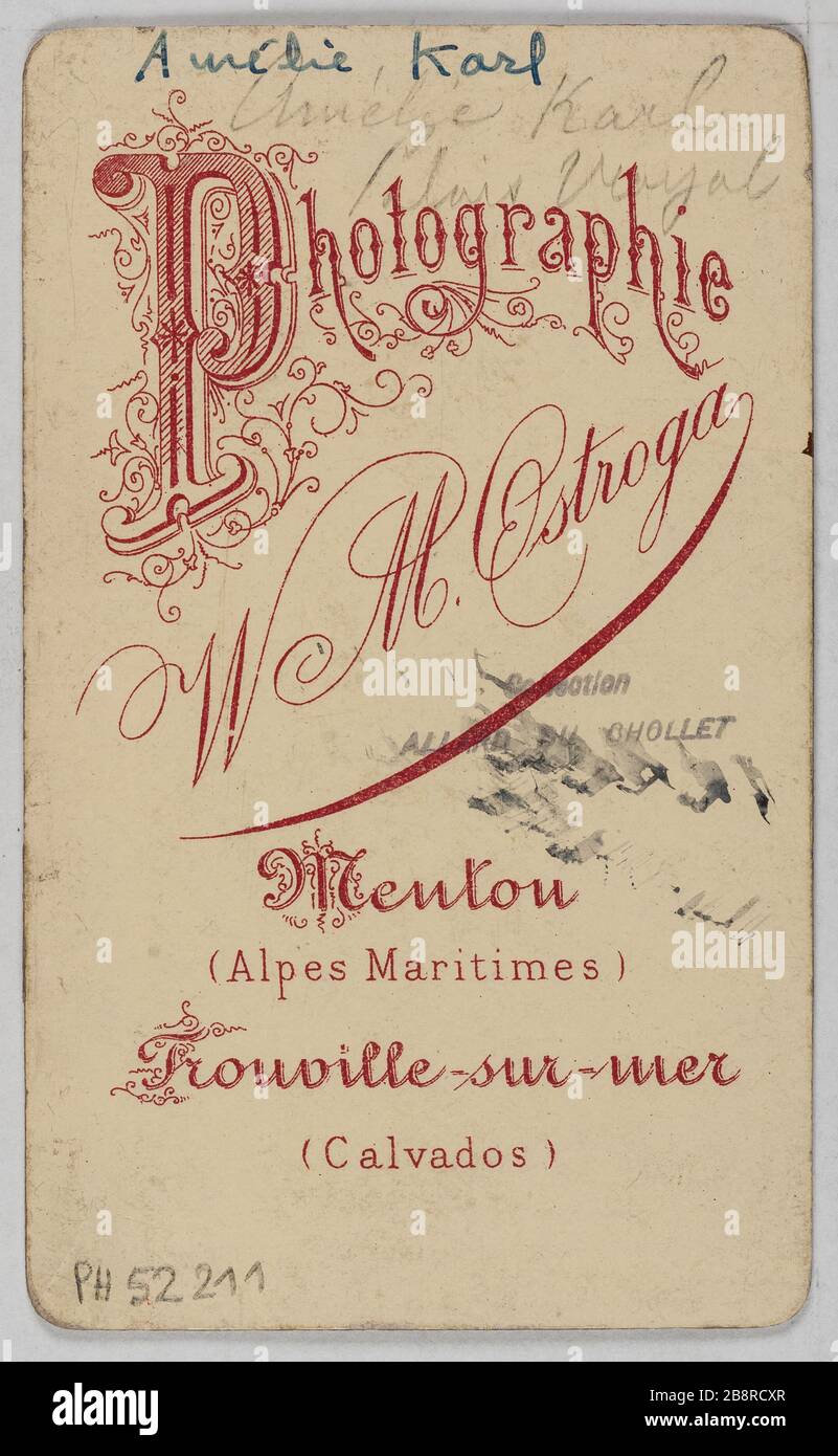 Porträt von Mary Karl (Amélie Jeanne Jaime Said), (Schauspielerin), (Tochter von Theodore Barriere) Portrait de Marie Karl (dite Amélie Jeanne Jaime), actrice et fille de Théodore Barrière. 1860-1890. Carte de visite (verso). Photographie de Valerien Ostroga. Paris, musée Carnavalet. Stockfoto