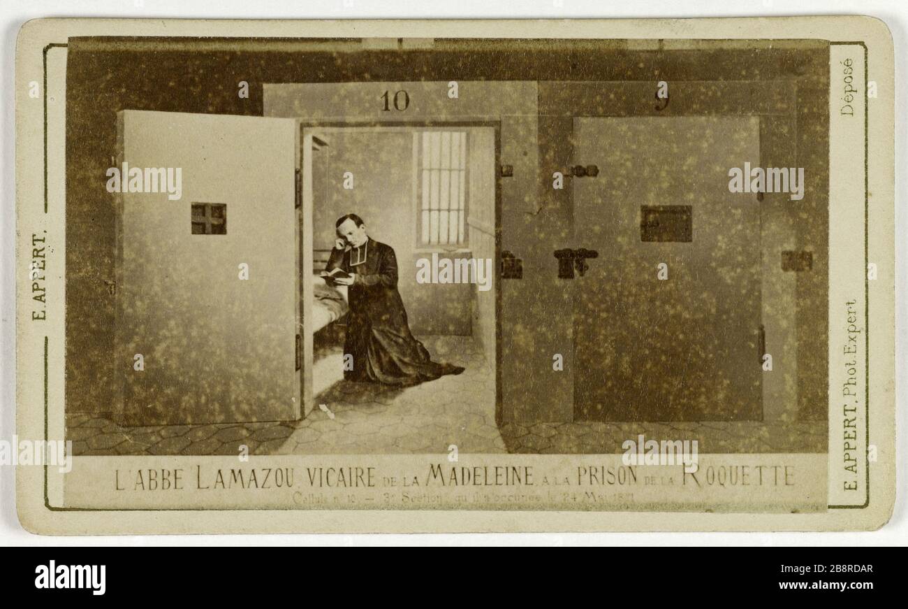 Porträt von Pierre Henri Lamazou (1828-1883), Priester und Vikar der Madeleine, im Gefängnis von La Roquette. Portrait de Pierre Henri Lamazou (1828-1883), prêtre et vicaire de la Madeleine, à la Prison de la Roquette. Photographie d'Ernest Charles Appert (1830-1890). Carte de visite. Tirage sur Papier Albuminé. 1871. Paris, musée Carnavalet. Stockfoto