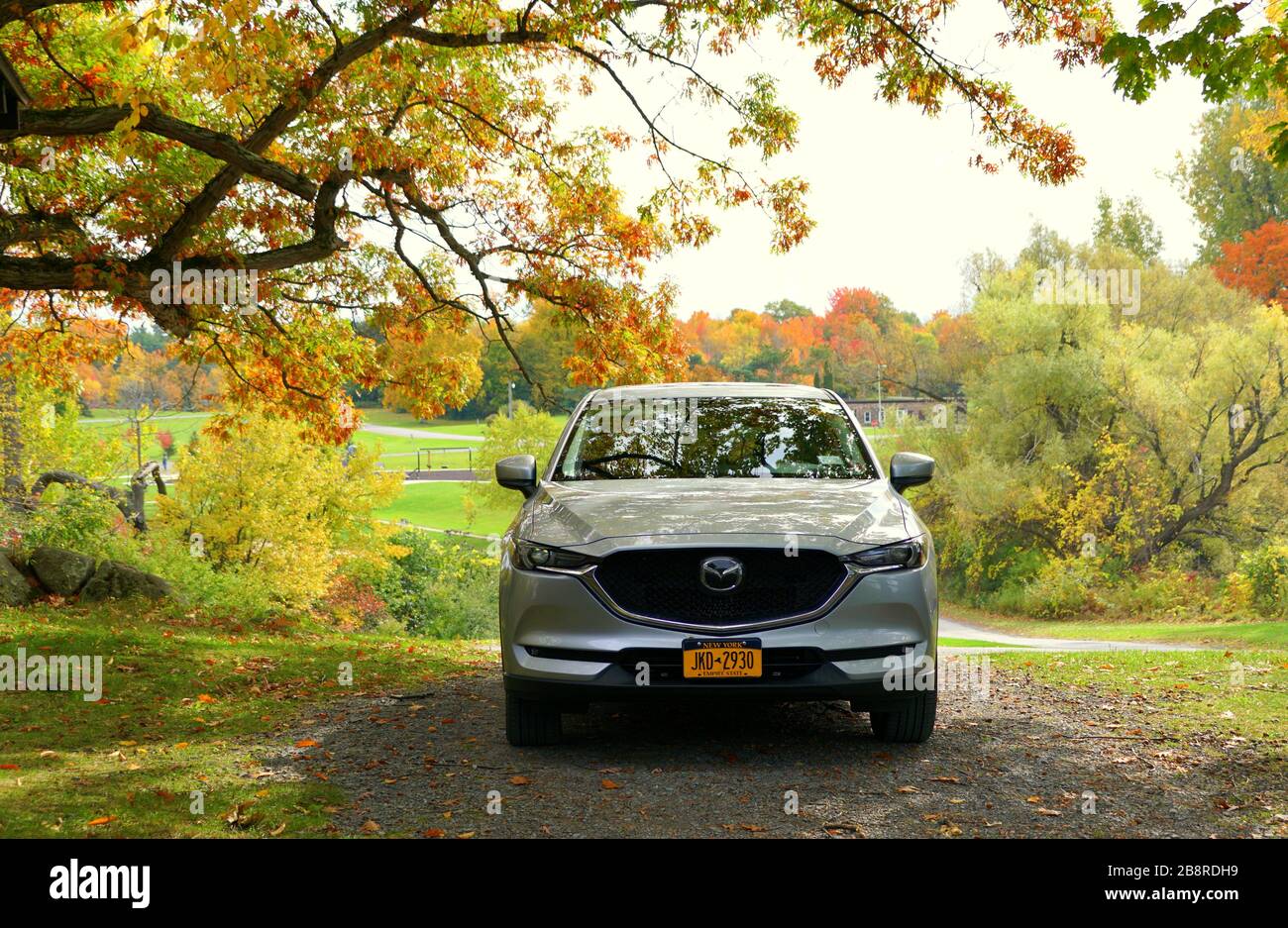 Wellesley Island, New York, U.S.A - 25. Oktober 2019 - EIN silbernes Mazda CX-5 SUV, umgeben von Herbstlaub Stockfoto