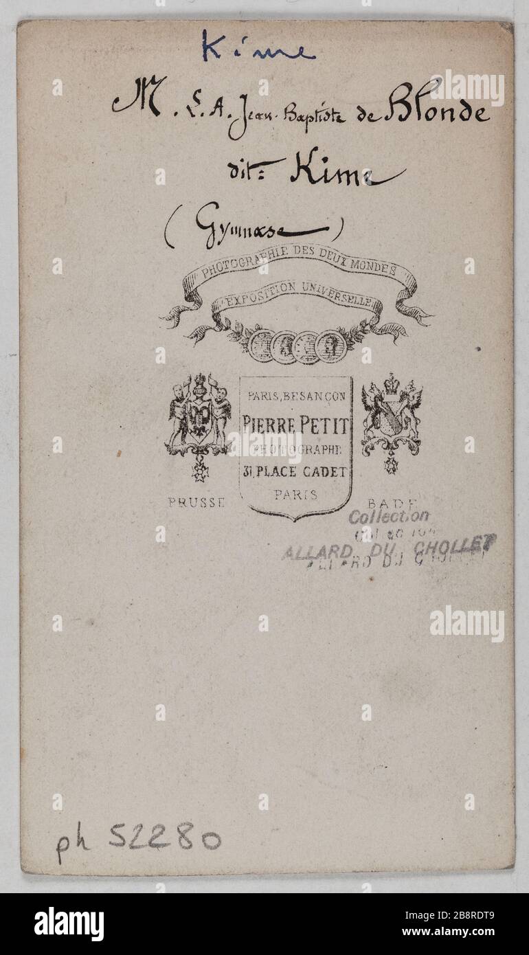 Porträt von Jean-Baptiste Blonde sagte Kime (1808-1876), Turnerin. Portrait de Jean-Baptiste de Blonde dit Kime (1808-1876), gymnaste. Carte de visite (verso). Photographie de Pierre Petit (1831-1909), 1860-1890. Paris, musée Carnavalet. Stockfoto