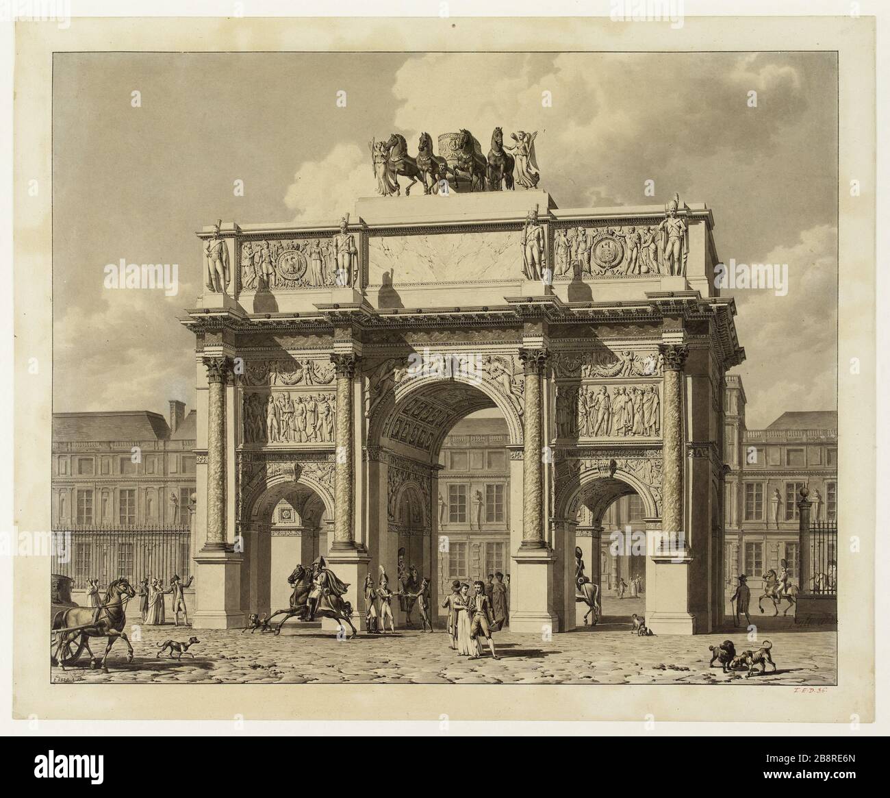 Arc de Triomphe du Carrousel, neben der Terrasse des Feuillants Louis-Pierre Baltard (1764-1846). Arc de triomphe du Carrousel, coté de la Terrasse des Feuillants. Lavis de sépia. Paris, musée Carnavalet. Stockfoto