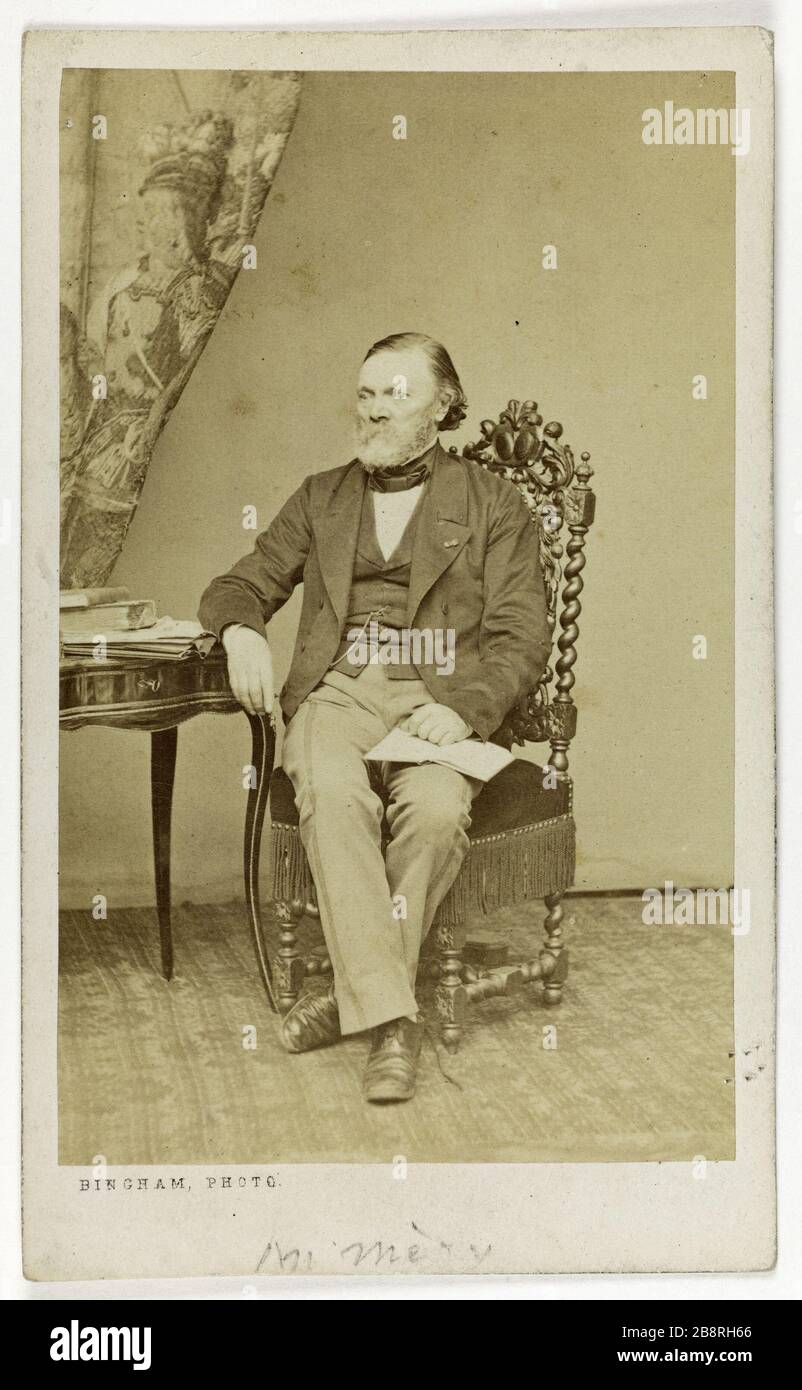 Porträt von Joseph Mery (1798-1865), Schriftsteller, Dichter und Polemiker. Portrait de Joseph Méry (1798-1865), littérateur, poète et polémiste. Photographie de Robert Jefferson Bingham (1824-1870). Carte de visite (recto). Tirage sur Papier Albuminé. 1860-1890. Paris, musée Carnavalet. Stockfoto