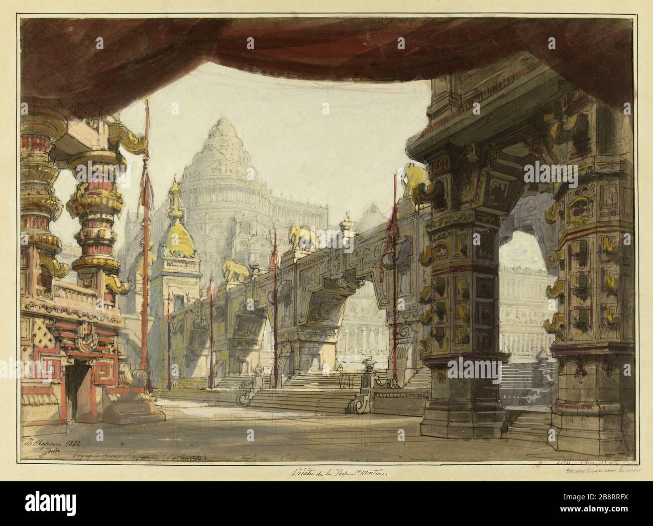 DEKORPROJEKT FÜR DIE REISE DURCH DAS UNMÖGLICHE STÜCK FANTASTIC UND JULES VERNE ADOLPHE DENNERY, DIE CREE 25. NOVEMBER 1882 THEATERTÜR SAINT-MARTIN (ACT II) PHILIPPE CHAPERON (1823-1907). "Projet de decor pour le Voyage à travers l'Impossible, pièce fantastique de Jules Verne et Adolphe Dennery, créé le 25 novembre 1882 au théâtre de la Porte-Saint-Martin (acte II)." Plume, aquarelle et gouache. Paris, musée Carnavalet. Stockfoto