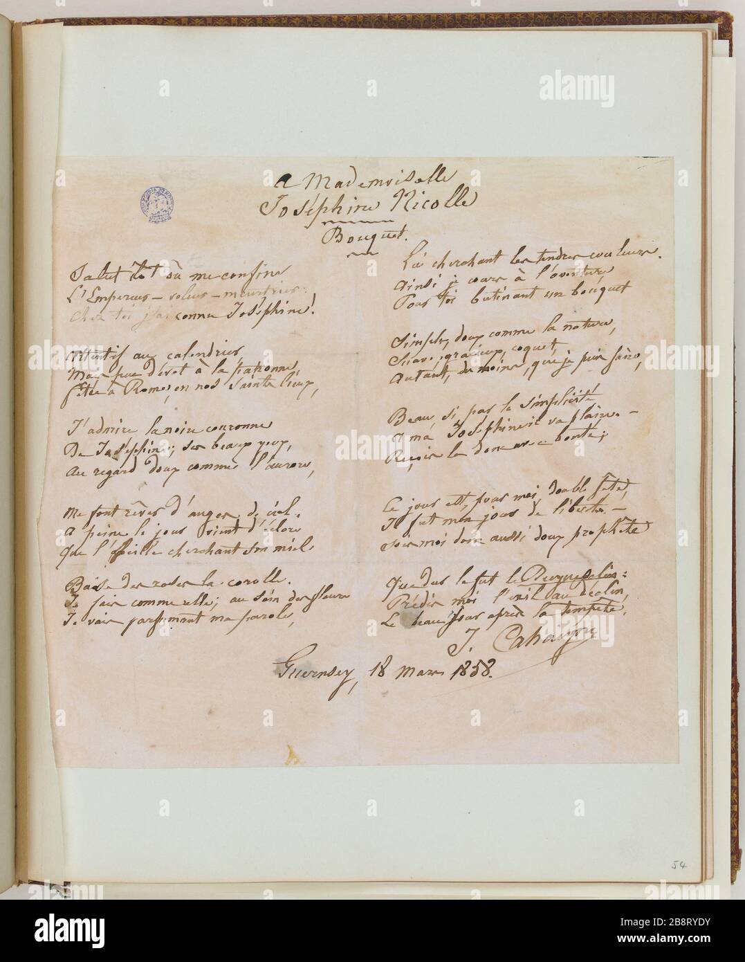 JOSS ALBUM ODER NICOLLE (MIT ANKÜNDIGUNG VON JOSHINE NICOLLE, BELLE-SISTER OTIREED HAT-DUVERDIER). EINE GEDICHTWIDMUNG JOSEPHINISCHE NICOLLE. 'BOUQUET Album Joss ou Album Nicolle (ayant appartenu à Joséphine Nicolle, belle-soeur du proscrit Bonnet-Duverdier). Poème dédicacé à Joséphine Nicolle. "Blumenstrauß". Encre sur Papier. Auteur: J. Cahaigne, 18 mars 1858. Paris, Maison de Victor Hugo. Stockfoto