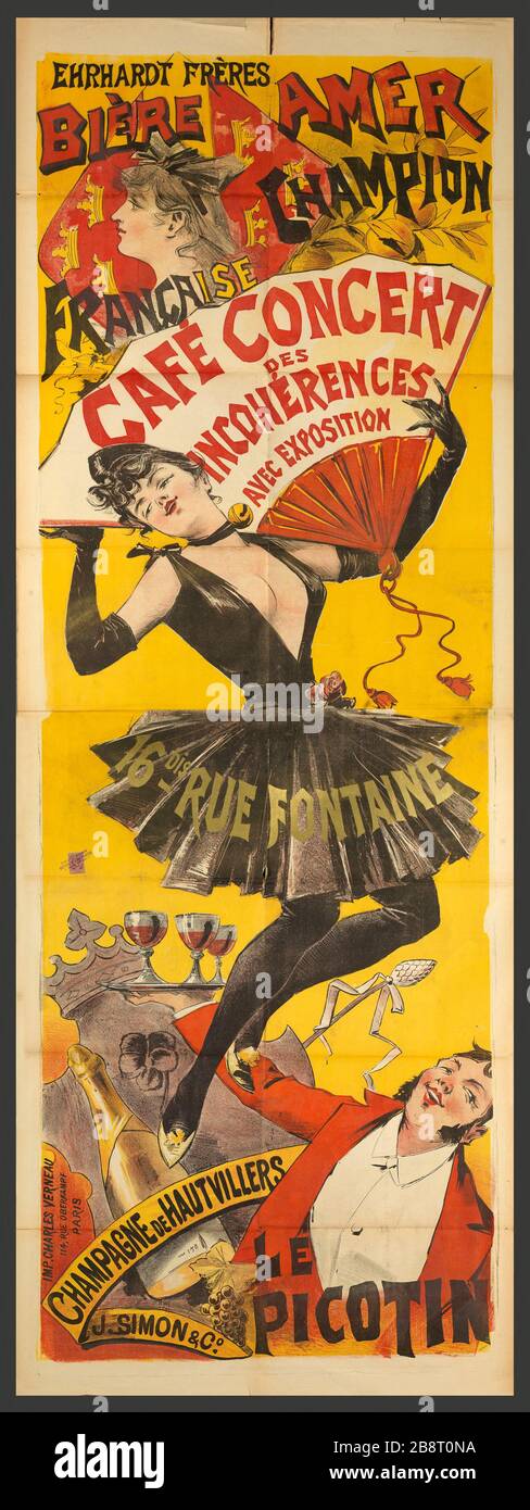 EHRHARDT-BRÜDER, CHAMPION BEER AMER FRENCH CAFÉ-KONZERT WIDERSTREITEN SICH MIT AUSSTELLUNG, 16A RUE FONTAINE, CHAMPAGNER HAUTVILLERS, J.SIMON & CO, THE PICOTIN ROY, JOSÉ. "EHRHARDT FREERES, BIERE AMER CHAMPION FRANCAISE, CAFÉ CONCERT DES INKOHÄRENCES, AVEC EXPOSITION, 16 BIS RUE FONTAINE, CHAMPAGNE DE HAUTVILLERS, J.SIMON & CO, LE PICOTIN". Lithographie couleur. En 1. Paris, musée Carnavalet. Stockfoto