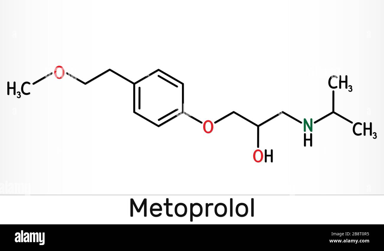 Metoprolol, C15H25NO3-Molekül. Es wird zur Behandlung von Hypertonie und Angina pectoris verwendet. Skelettchemische Formel. Abbildung Stockfoto