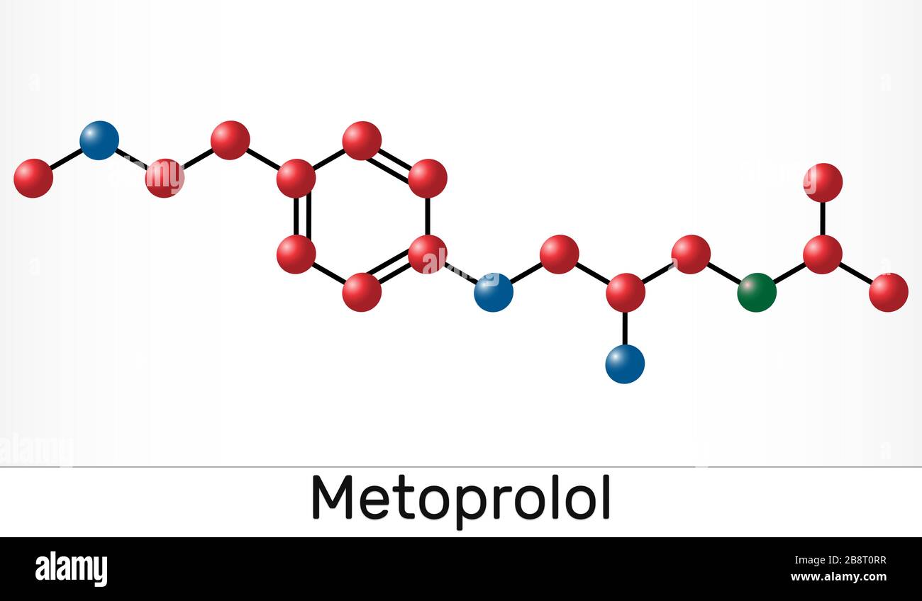 Metoprolol, C15H25NO3-Molekül. Es wird zur Behandlung von Hypertonie und Angina pectoris verwendet. Molekularmodell. Abbildung Stockfoto