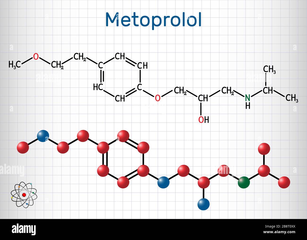 Metoprolol, C15H25NO3-Molekül. Es wird zur Behandlung von Hypertonie und Angina pectoris verwendet. Blatt Papier in einem Käfig. Vektorgrafiken Stock Vektor