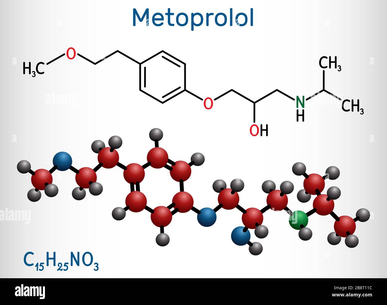 Metoprolol, C15H25NO3-Molekül. Es wird zur Behandlung von Hypertonie und Angina pectoris verwendet. Strukturelle chemische Formel und Molekularmodell. Vecto Stock Vektor