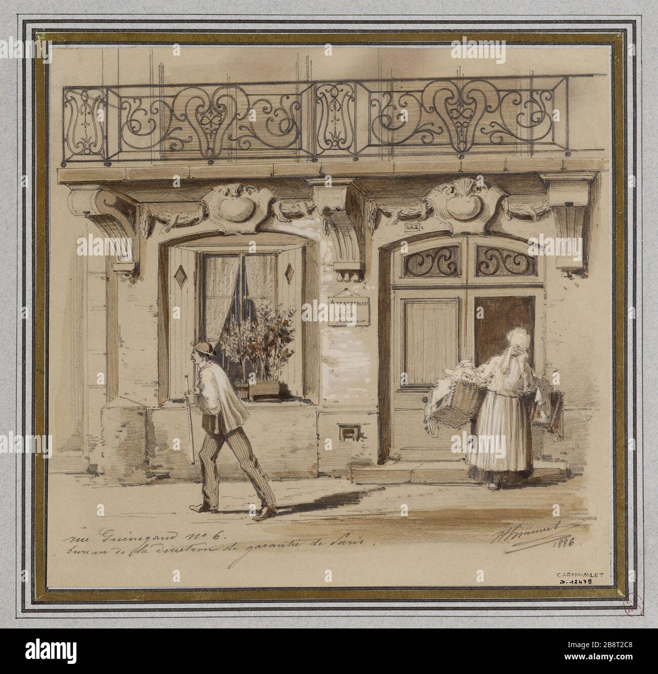 6, rue Guénégaud, BÜRO DES SICHERHEITSMANAGEMENTS PARIS, im Jahre 1886-1906, Jules-Adolphe Chauvet. "6 rue Guénégaud, bureau de la direction de garantie de Paris". Crayon, lavis rehaut de gouache sur Papier teinté, 1886. Paris, musée Carnavalet. Stockfoto