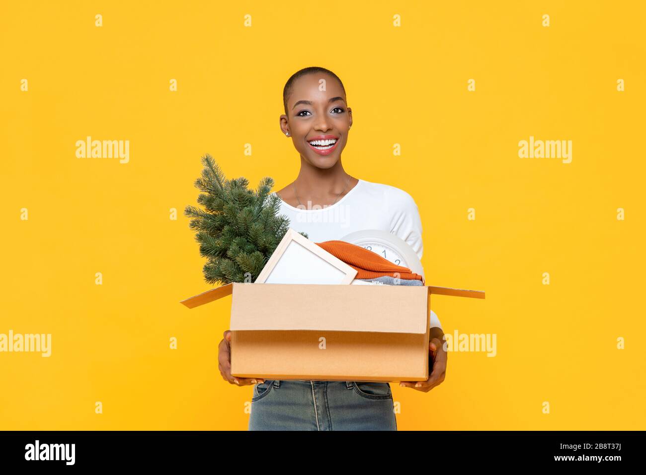 Fröhliche lächelnde afroamerikanische Frau, die Box hält, um Dinge in das neue Haus zu bringen Stockfoto