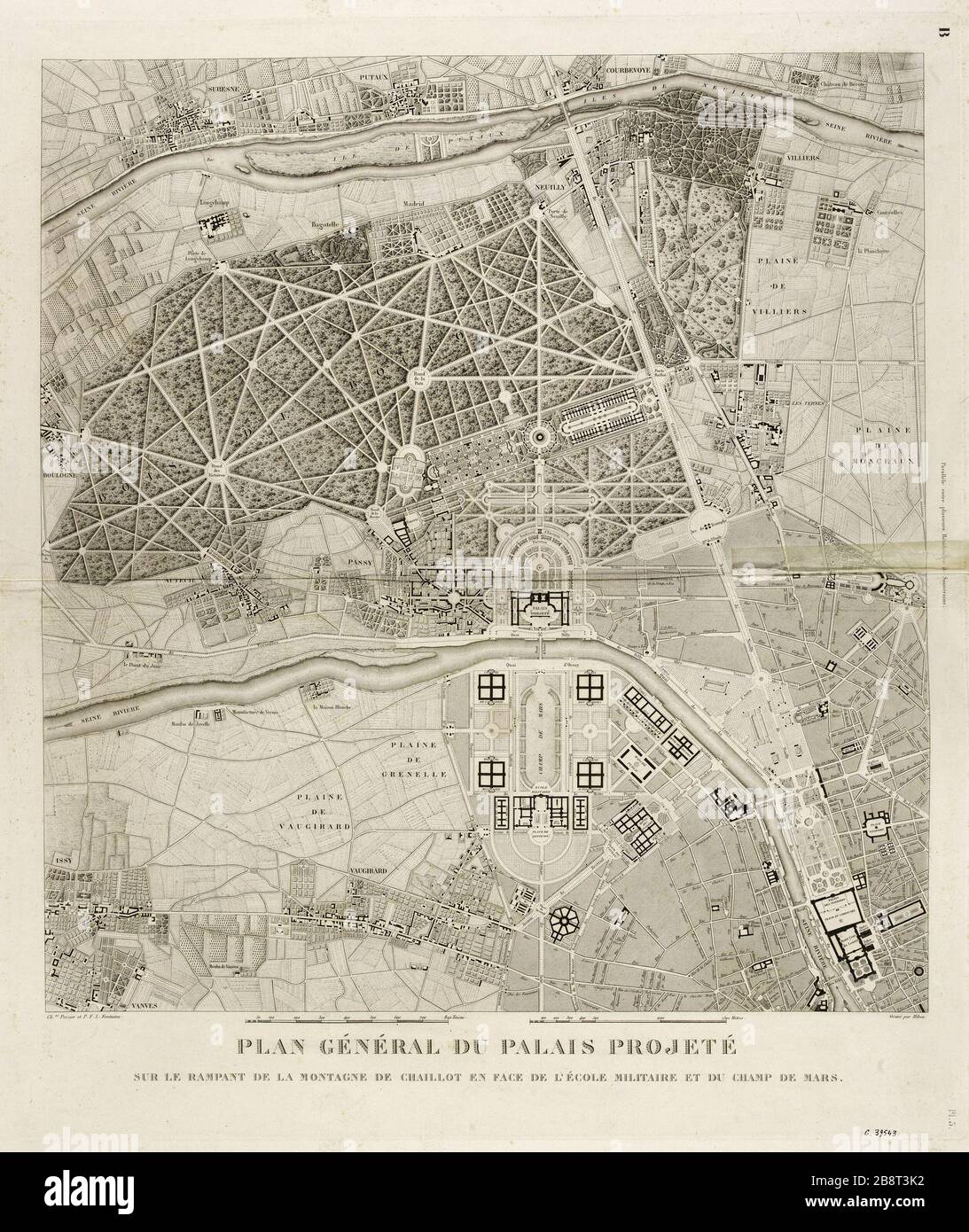 Generalplan des Palastes, der auf den Schleichen des Chaillot-Berges vor der Ecole Militaire und dem Champ de Mars mit der Nummer "après Percier et Fontaine" (1780-1857) projiziert wurde. Plan général du Palais projeké sur le rampant de la montagne de Chaillot en face de l'Ecole militaire et du Champ-de-Mars. Eau-forte. Paris, musée Carnavalet. Stockfoto