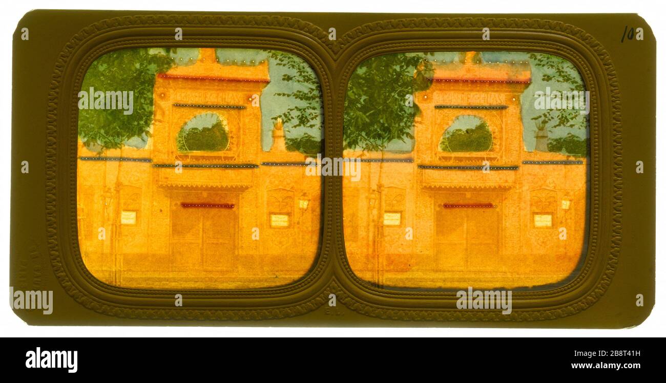 Außeneingang Garten Bullier. Closerie des Lilas Avenue de l'Observatoire, 6. Bezirk, Paris 'Entrée extérieure du jardin Bullier. La Closerie des Lilas, Avenue de l'Observatoire, Paris (VIème arr.)". Photographie de Charles Gaudin (1825-1905). Vues stéréoscopiques transparentes coloriées ('effet diorama'). Trous d'épingle et bandes de couleur au verso. Entre von 1847 und von 1895. Paris, musée Carnavalet. Stockfoto