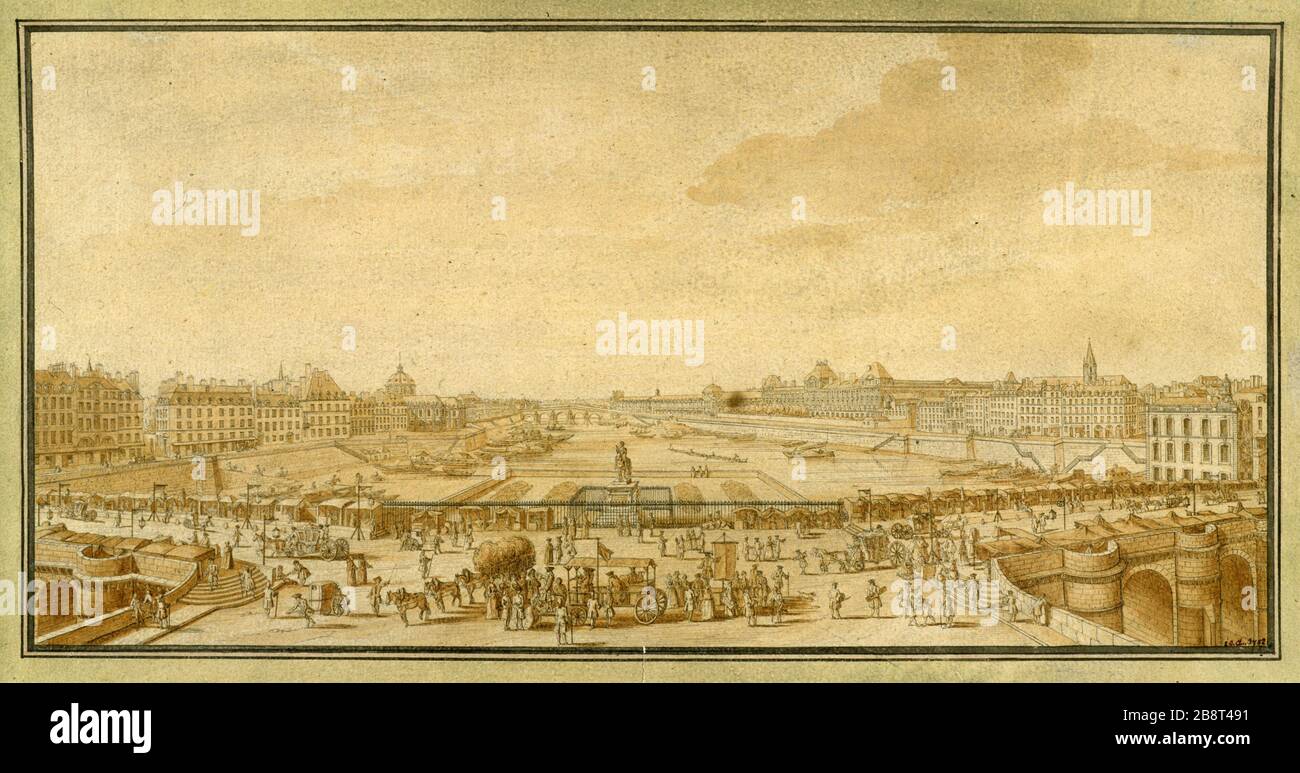 VIEW BRIDGE NINE UND LOUVRE IN LOUIS XV Jules-Adolphe Chauvet (né en 188). "Vue du Pont-Neuf et du Louvre sous Louis XV". Dessin. Paris, musée Carnavalet. Stockfoto