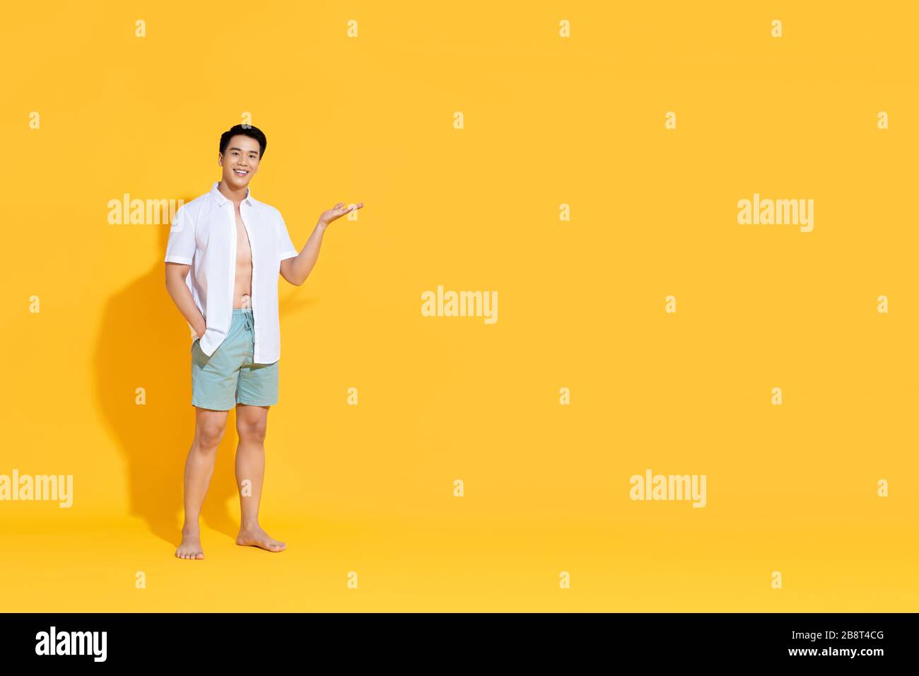 Junge lächelnde, gutaussehende Asiaten in Strandkleidung, die eine offene Handbewegung ausführen, die im Sommer leeren, gelb isolierten Studiohintergrund zeigt Stockfoto