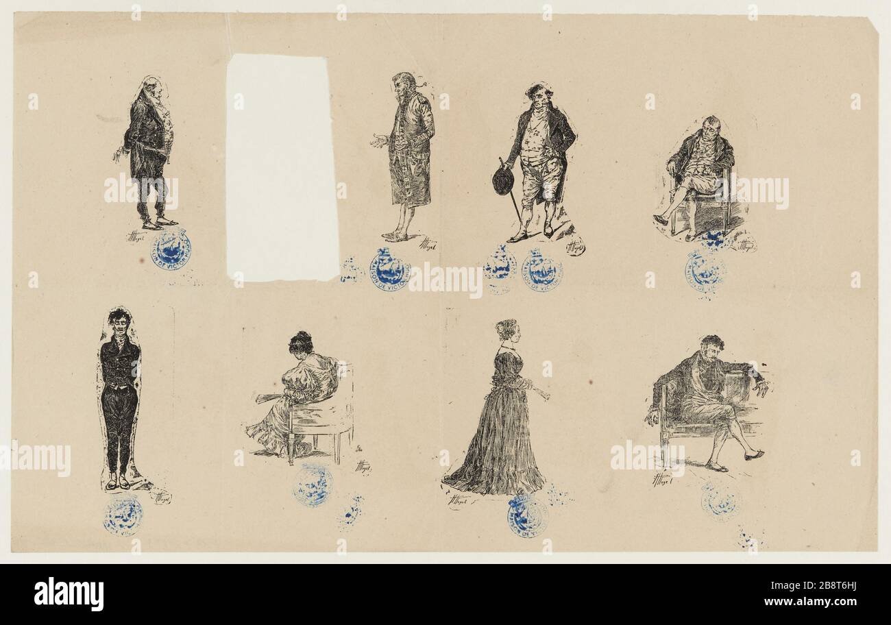 [Der letzte Tag eines Verurteilten] Brett aus acht Zeichen: Der große Mann; ein Knecht; Ergaste; Ritter; der dünne Herr; die junge Dame; Frau Blinal; Philosoph; Stockfoto