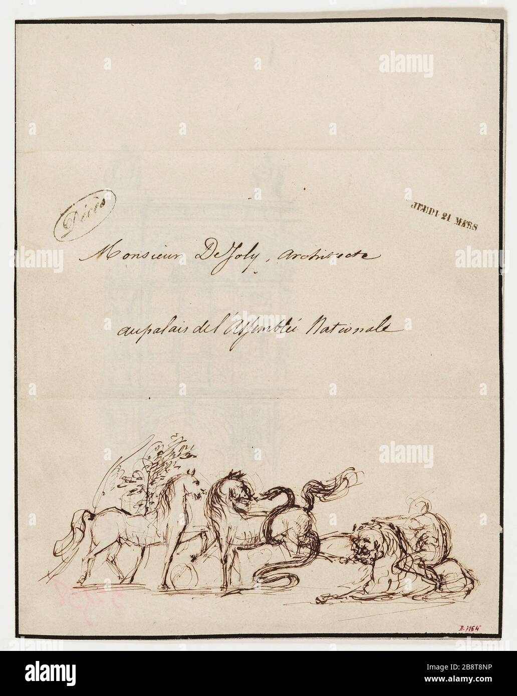 Untersuchung von Pferden und Architekturfragment. (Dummy-Titel), um Herrn Joly den Tod von Frau Leboeuf-Nanteuil (18. März 1850) bekannt zu geben. (Dummy-Titel) Stockfoto