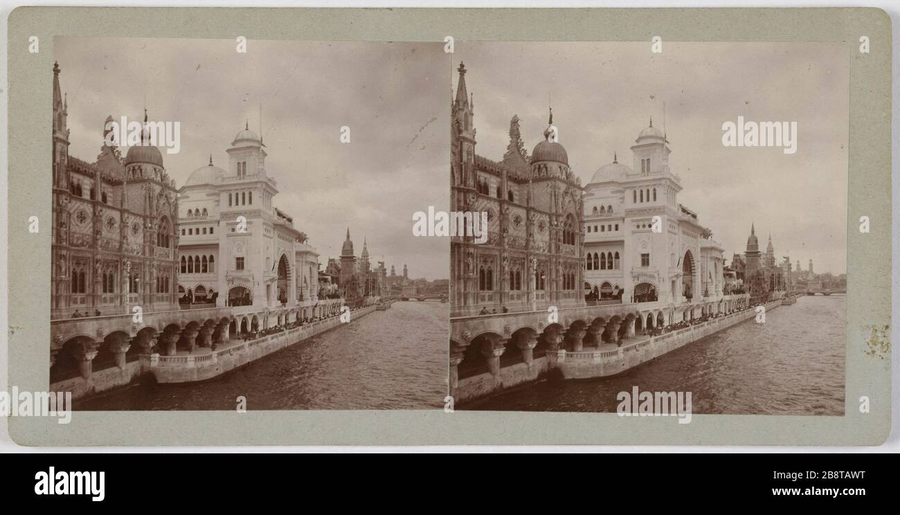 Universalausstellung von 1900: Blick auf den Teil der Straße der Nationen, am linken Ufer der seine (Quai d'Orsay), 7. Bezirk, Paris. Exposition Universelle de 1900. Perspective de la partie est de la rue des Nations, sur la rive gauche de la seine (quai d'Orsay), Paris (VIIème arr.). Photographie anonyme. Vue stéréoscopique, gélatino-chlorure d'argent (Aristotyp). 1900. Paris, musée Carnavalet. Stockfoto