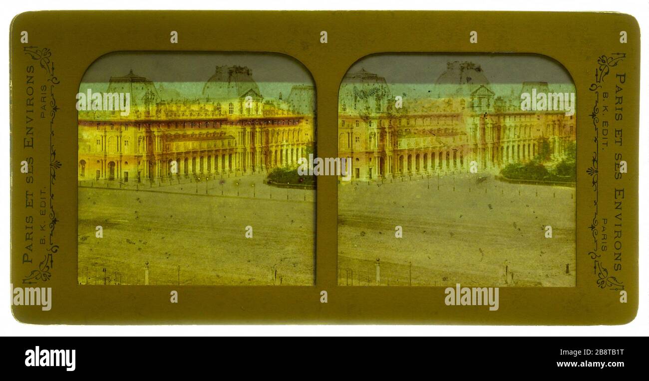 Der Louvre, der Turgot Pavillon und der Pavillon Richelieu, 1. Bezirk, Paris. Louvre 'Le Louvre, Pavillon Turgot et Pavillon Richelieu, Paris (Ier arr.)'. Photographie anonyme. Vue stéréoscopique transparent coloriée, Papier Albuminé. La vue de gauche est percée de trous d'épingles ('effet diorama'). En 1865-1865. Paris, musée Carnavalet. Stockfoto