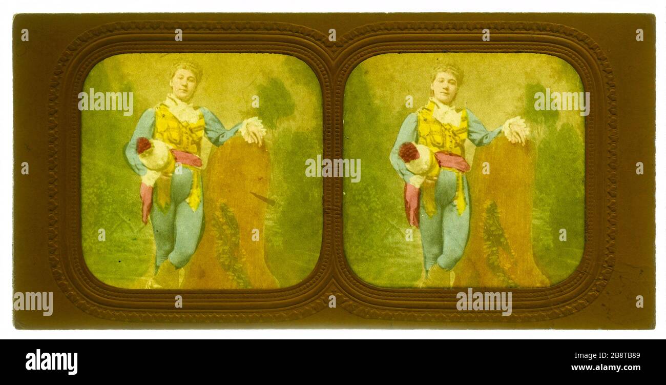 Porträt der Schauspielerin. Porträt der Frau im Kostüm. "Portrait d'actrice en costüm". Photographie anonyme. Vue stéréoscopique transparent coloriée sur Papier albuminé. Au recto de l'Image, trous d'épingle. Entre 1870 und 1880. Paris, musée Carnavalet. Stockfoto