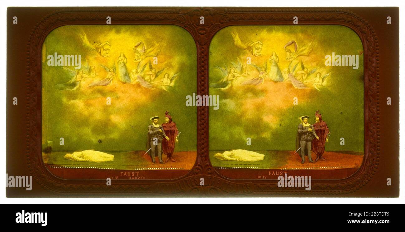 La Juive. Faust / # 12 Gerettet. "La Juive". Faust, Nr. 12. "Auvée". Photographie de Jules Alexandre Marinier. Vue stéréoscopique transparent coloriée avec trous d'épingle sur Papier albuminé. Avant, Das Jahr 1876. Paris, musée Carnavalet. Stockfoto