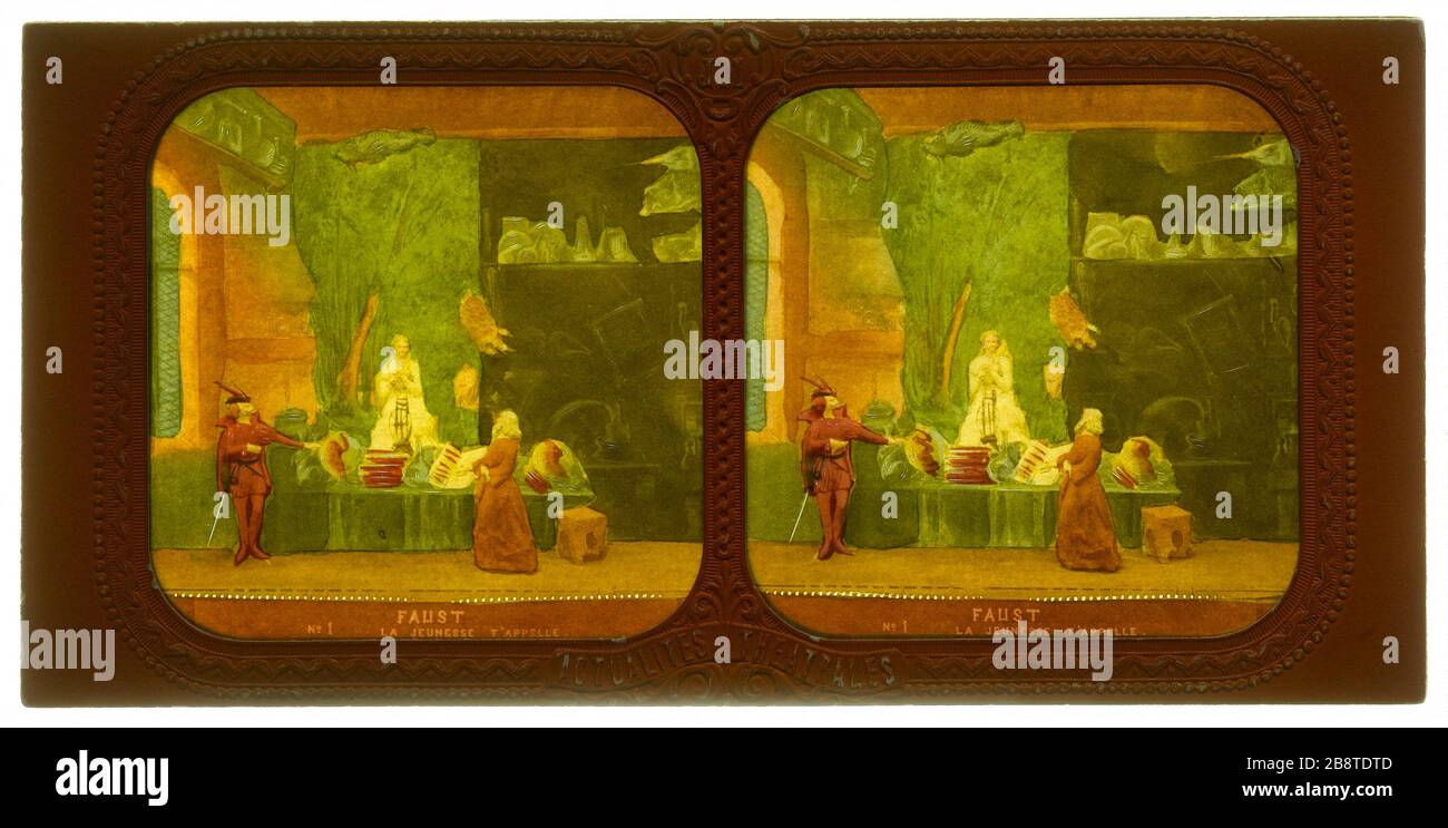 La Juive. Faust / Nr. 1 Jugend nennt Sie "La Juive". Faust, Nr. 1. "La jeunesse t'appelle". Photographie de Jules Alexandre Marinier. Vue stéréoscopique transparent coloriée avec trous d'épingle sur Papier albuminé. Avant, Das Jahr 1876. Paris, musée Carnavalet. Stockfoto