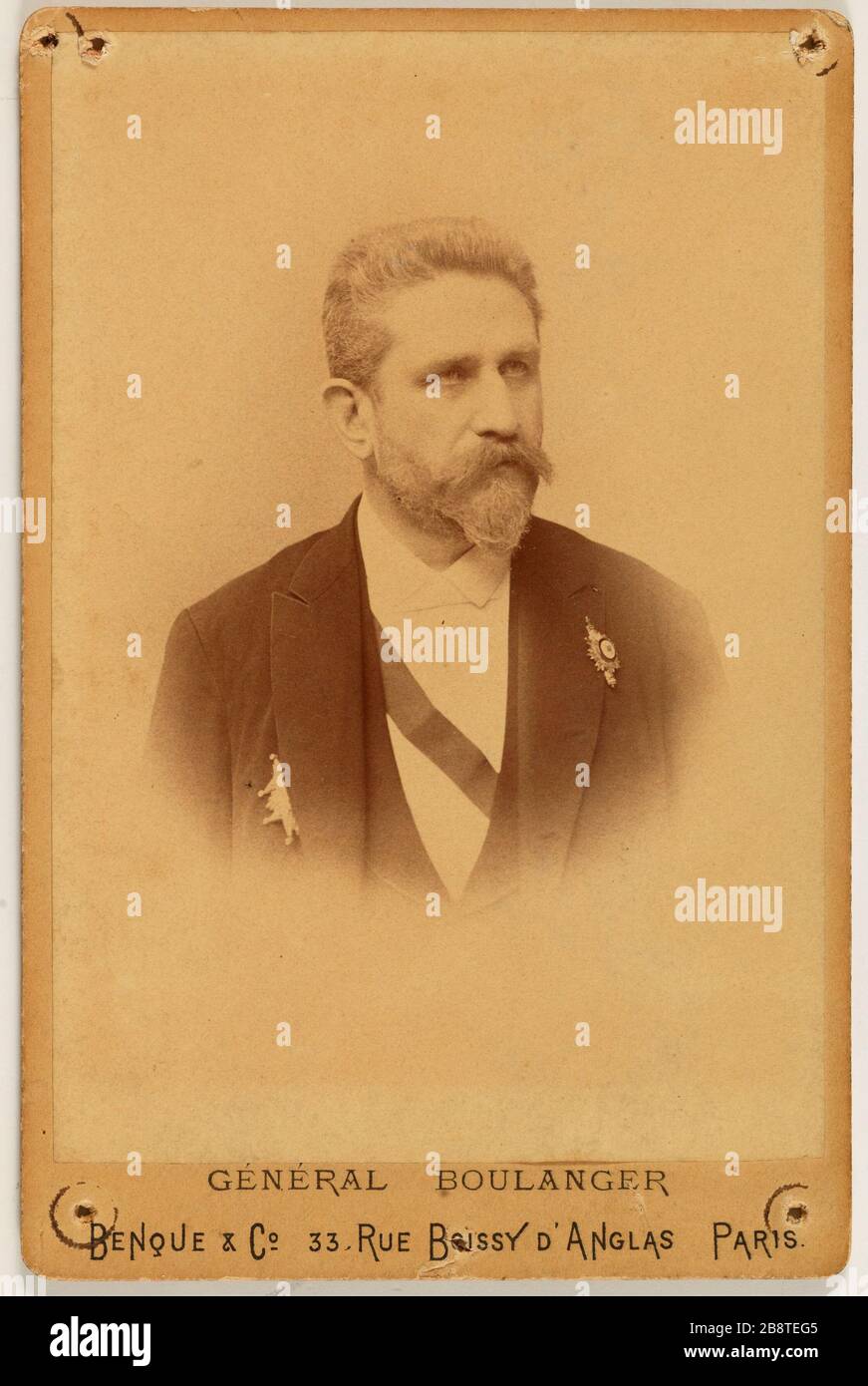 Porträt von Georges Ernest Jean-Marie Boulanger (1837-1891), General und Kriegsminister Wilhem Benque. "Portrait de Georges Ernest Jean-Marie Boulanger (1837-1891), général et ministre de la Guerre". Tirage sur Papier albuminé. Entre 1880-et 1890. Paris, musée Carnavalet. Stockfoto