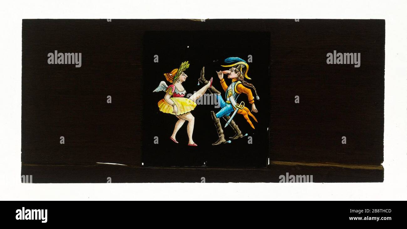 Plate Magic Lanterne mit zwei Figuren, einem Mann und einer Frau, die Plaque de lanterne magique representant deux personnages tanzt, un homme et une femme dansent. Photographie anonyme. Plaque de verre peinte. Vers 1885-1895. Paris, musée Carnavalet. Stockfoto