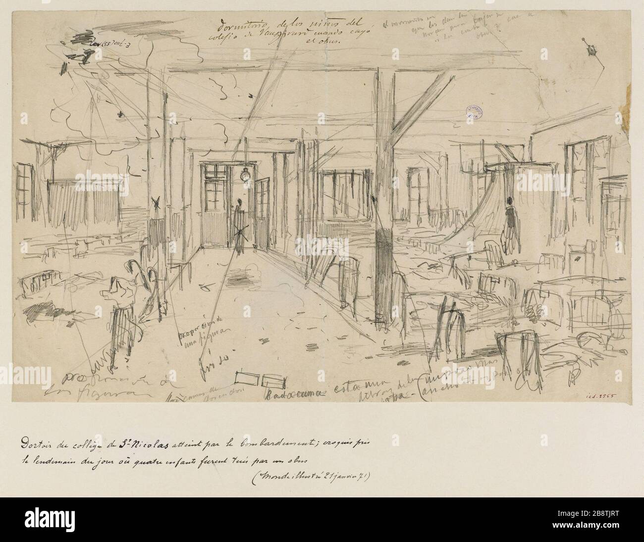 COLLEGE DORM VON SAINT NICOLAS ERREICHT DURCH BOMBARDIERUNG; SKIZZE, DIE DEN TAG DAUERT, NACHDEM VIER KINDER VON EINER SCHALE Vierge getötet wurden (Daniel Urrabieta Ortiz y Vierge, dit, 1851-1904/05). "DORTOIR du collège Saint-Nicolas atteint par le bombardement; croquis pris le lendemain du jour où quatre enfants fuent tués par un obus". Mine de plomb. Paris, musée Carnavalet. Stockfoto