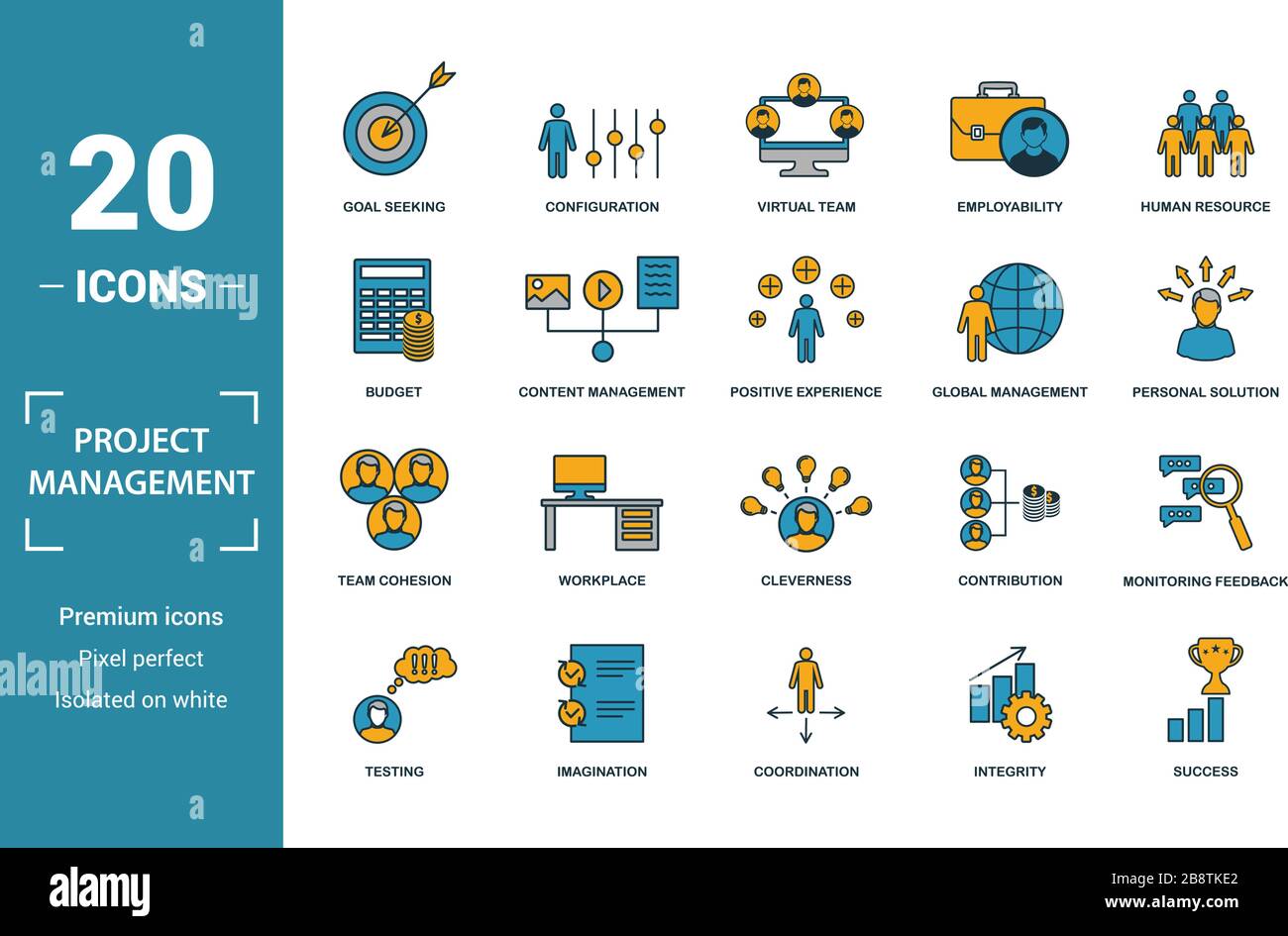 Projekt Management Icon Set. Gehören kreative Elemente Ziel sucht, dem virtuellen Team, Budget, global management, Team Zusammenhalt Symbole. Kann verwendet werden für Stock Vektor