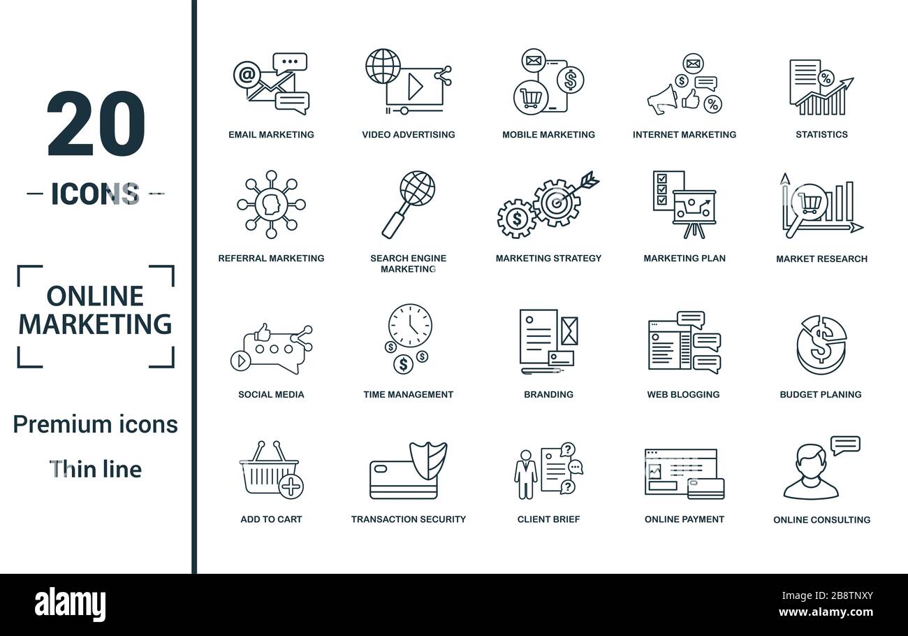 Online Marketing Icon Set. Gehören kreative Elemente Marketing, Mobile Marketing, Empfehlung, Marketing planen, soziale Symbole e-Mail. Kann für den Bericht verwendet werden. Stockfoto Online Marketing Icon Set. Gehören kreative Elemente Marketing, Mobile Marketing, Empfehlung, Marketing planen, soziale Symbole e-Mail. Kann für den Bericht verwendet werden. Stockfoto