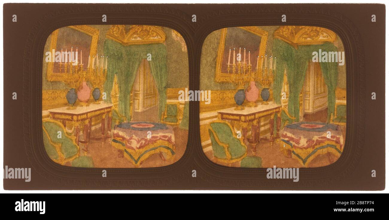 Großes grünes Wohnen / Tuilerien. Großes grünes Wohnen, die Tuilerien, 1. Bezirk, Paris. Palais des Tuileries. Grand Salon vert. Paris (Ier arr.). Photographie d'Alexandre Pierre Bertrand. Vue stéréoscopique transparent coloriée sur Papier albuminé. Paris, musée Carnavalet. Stockfoto