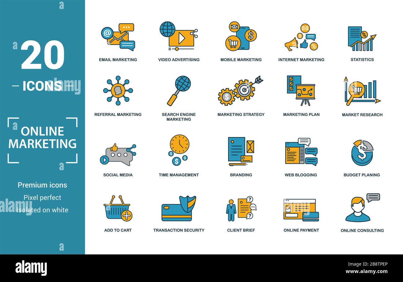 Online Marketing Icon Set. Gehören kreative Elemente Marketing, Mobile Marketing, Empfehlung, Marketing planen, soziale Symbole e-Mail. Kann für den Bericht verwendet werden. Stockfoto Online Marketing Icon Set. Gehören kreative Elemente Marketing, Mobile Marketing, Empfehlung, Marketing planen, soziale Symbole e-Mail. Kann für den Bericht verwendet werden. Stockfoto