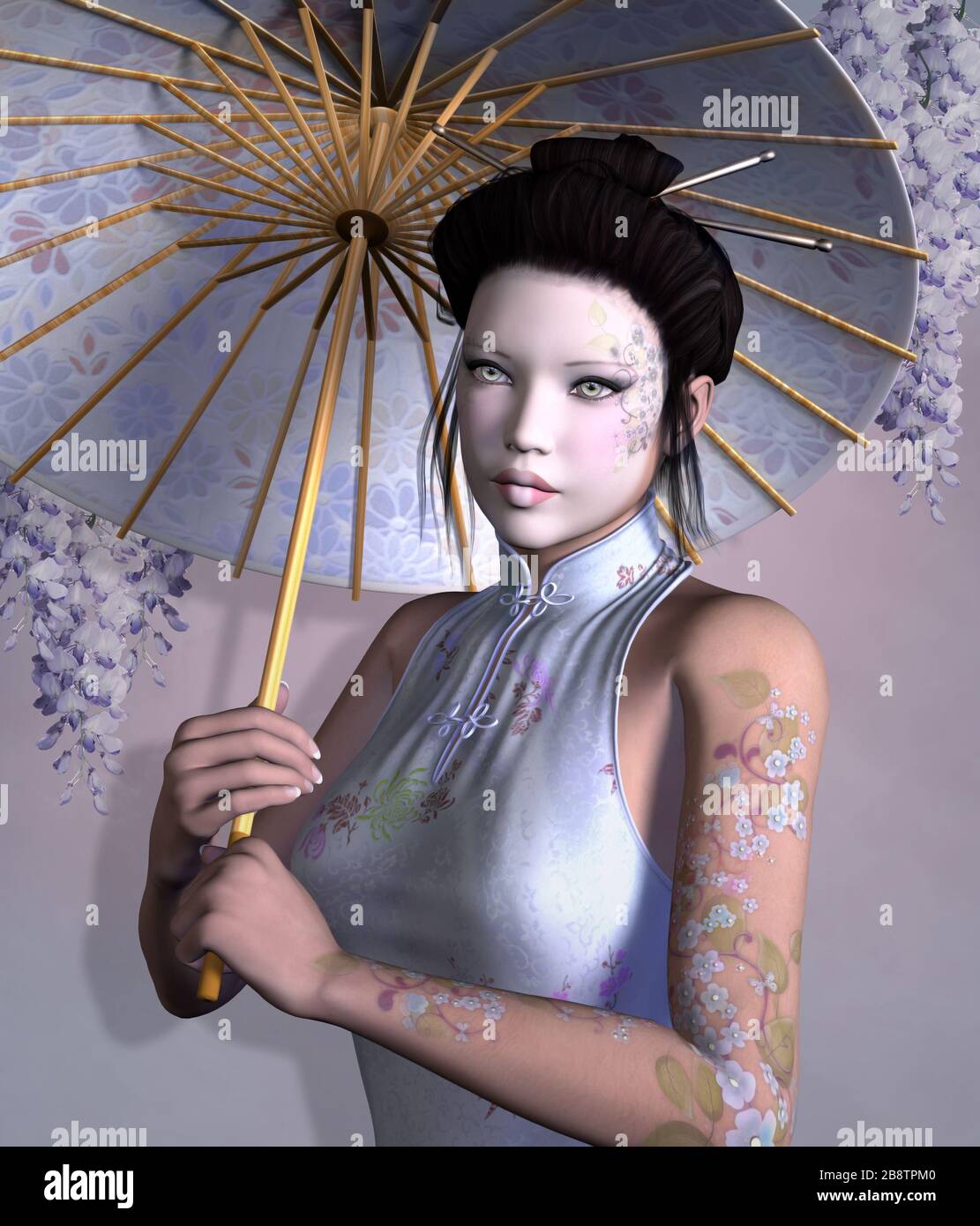 Romantisches Porträt einer Geisha mit Regenschirm Stockfoto