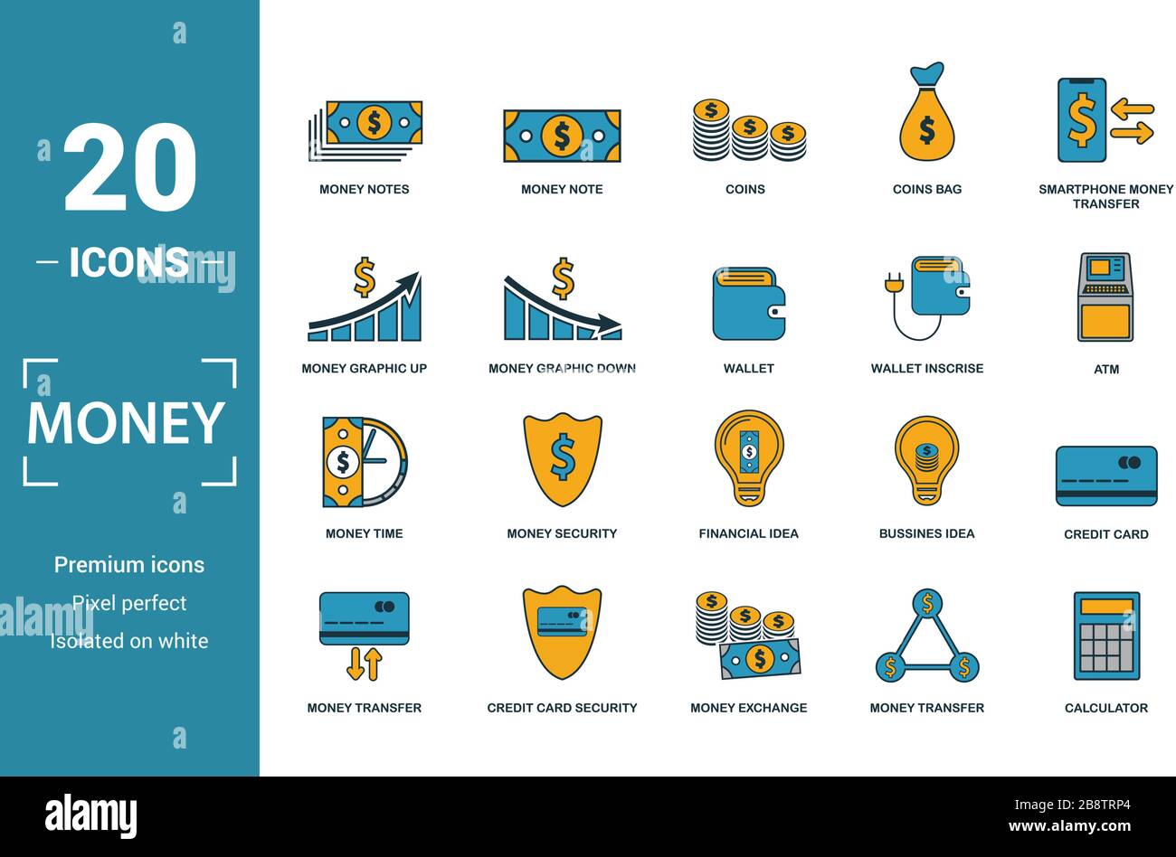 Geld Icon Set. Kreative Elemente geld Banknoten, Münzen, Geld Grafik nach oben, Brieftasche, Geld Zeit Symbole enthalten. Kann für den Bericht verwendet, Präsentation. Stock Vektor