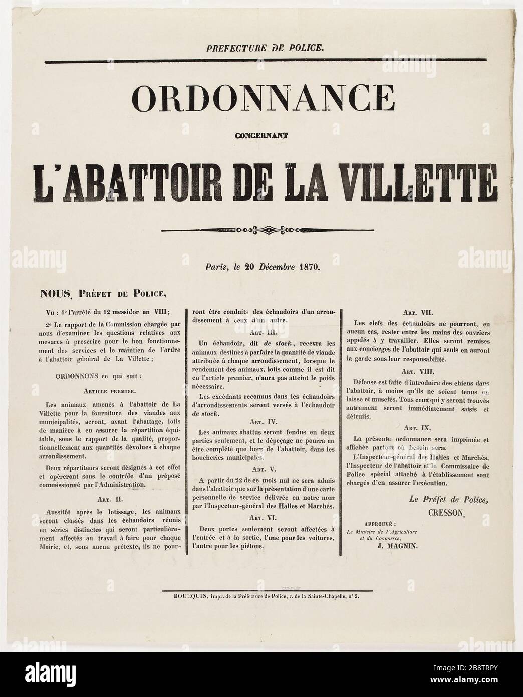 POLIZEIABTEILUNG. ANORDNUNG ÜBER DIE TÖTUNG DER VILLETTE GUERRE VON 1870-1871. Guillaume-Ernest Cresson (1824-1902). Affiche d'une ordonnance concernant les mesures pres pour le bon fonctionnement des Services et du maintien de l'ordre au sein de l'abattoir général de la Villette. Typographie, 1870. Imprimeur Boucquin. Paris, musée Carnavalet. Stockfoto
