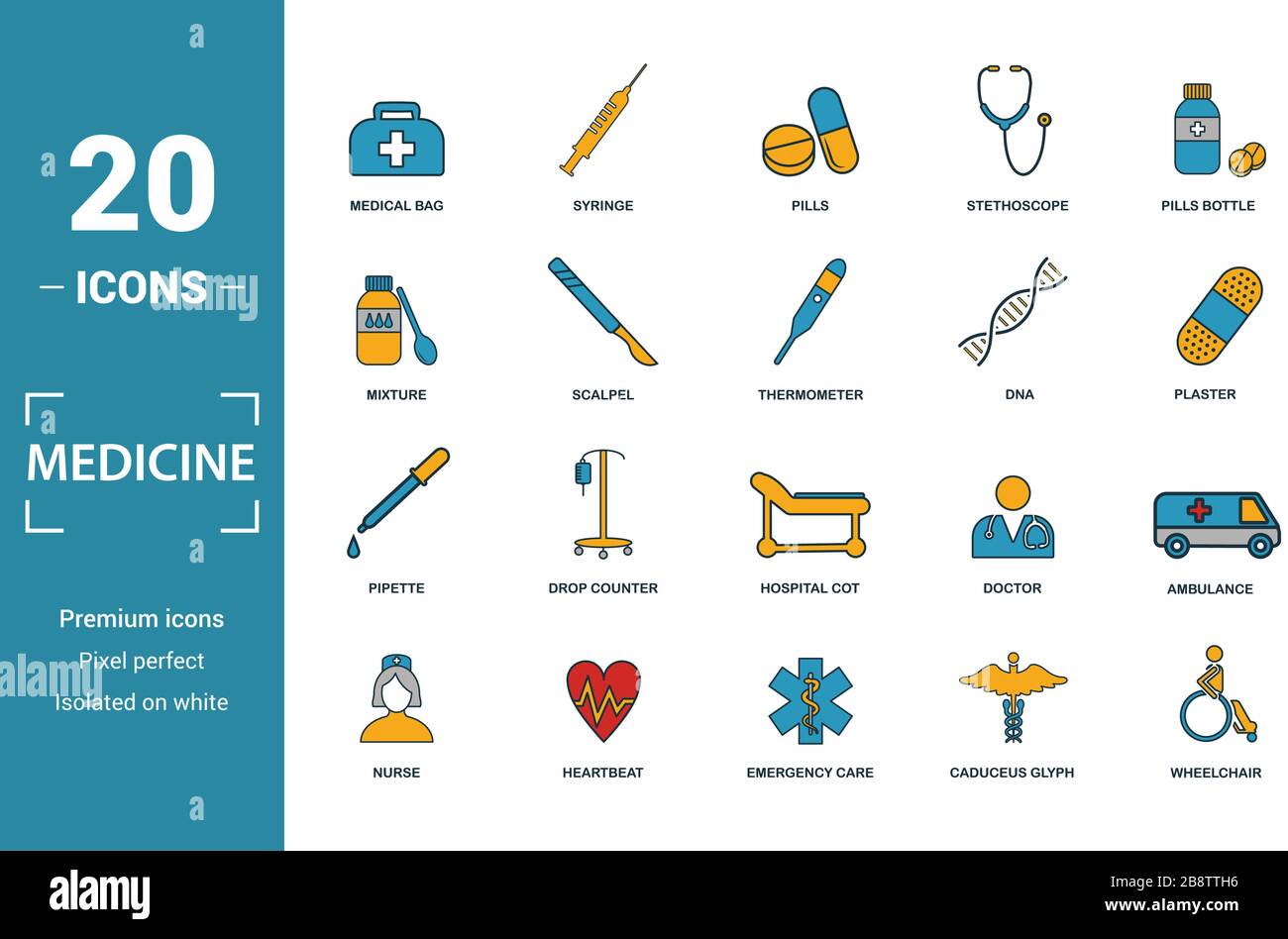 Medizin Icon Set. Kreative Elemente Arztkoffer, Pillen, Mischung, DNA, Pipette Symbole enthalten. Kann für Bericht, Präsentation, Diagramm verwendet werden, Web Stock Vektor