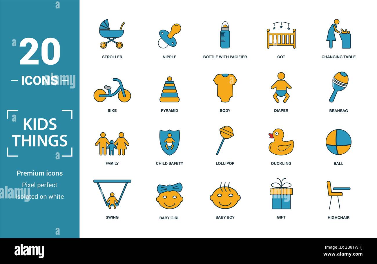 Kind Personal Icon Set. Kreative Elemente Stroller, Flasche mit Schnuller, baby Bike, Windel, Familie Symbole. Kann für den Bericht verwendet, Präsentation. Stockfoto