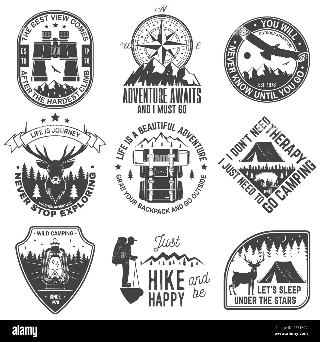 Satz von outdoor adventure quotes Symbol. Vektor. Konzept für Hemd oder Logo, Print, Stempel oder T-Stück. Vintage Design mit Rucksack, Fernglas, Berge, Bären, Hirsche, Zelt, Laterne und Wald Silhouette Stock Vektor