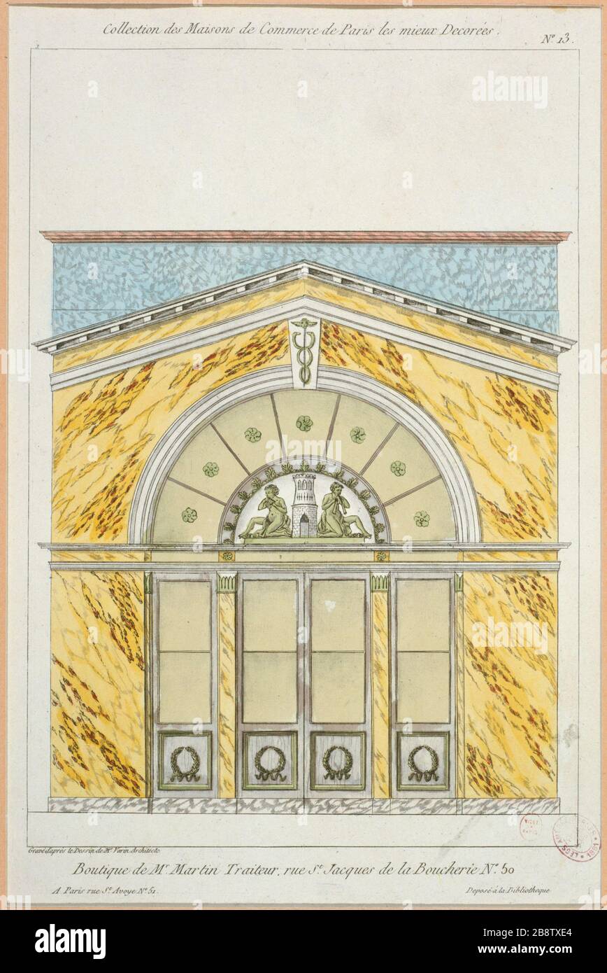 SAMMLUNG VON HÄUSERN DES HANDELS PARIS AM MEISTEN DEKORIERT - LADEN SIE SIR MARTIN CATERING STRASSE SANTIAGO DE SLAUGHTER, NUMMER 50 PIERRE-ANTOINE DE LA MÉSANGÈRE (1761-1831). "Collection des maisons de commerce de Paris les mieux décorées - Boutique de Monsieur Martin, traiteur rue Saint Jacques de la Boucherie, numéro 50". Estampe. Paris, musée Carnavalet. Stockfoto