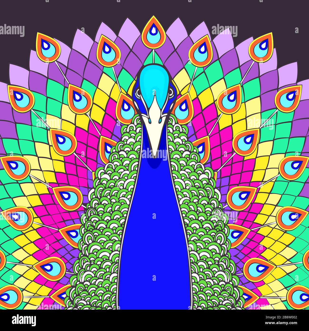 Pfau mit fließendem Schwanz bunte Cartoon-Zeichnung, Vorderansicht. Schöner mehrfarbener Vogel mit großem offenen Regenbogenschwanz mit pfauenhellen Federn, iso Stock Vektor