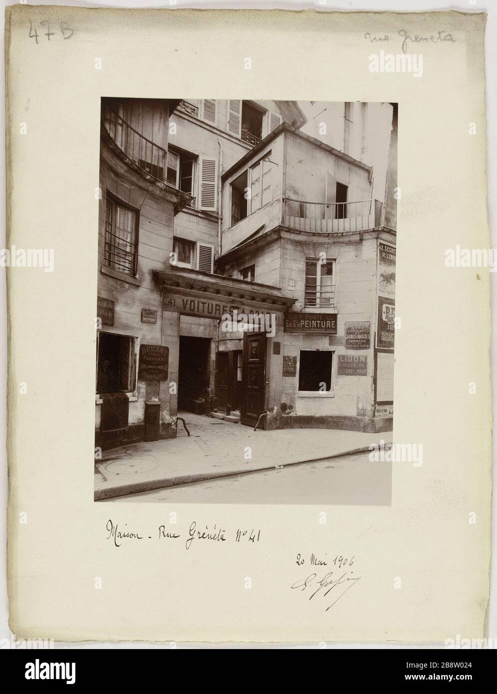 Startseite - Greneta Straße Nr. 41. Handcart Shop, 41 Greneta Straße, 2. Bezirk, Paris. Magasin de voiture à bras, 41 rue Greneta, Paris (IIème arr.). Photographie de E. Gossin. Mai 1906. Paris, musée Carnavalet. Stockfoto