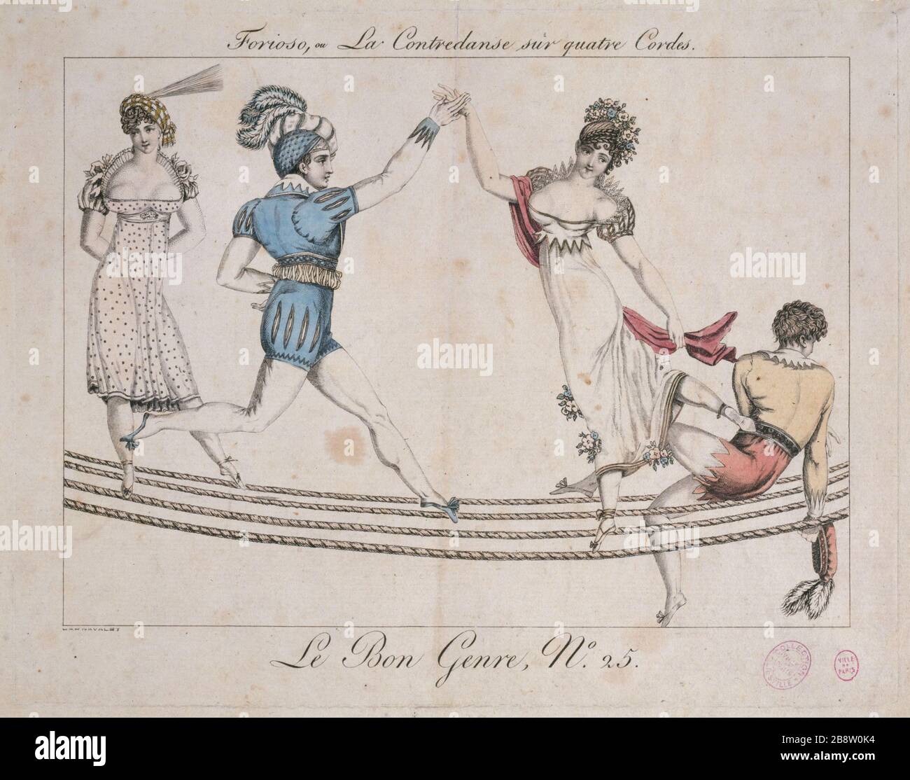 GUTES GESCHLECHT AUSGABE 25 - Forioso CONTREDANSE ODER VIER STRINGS "Le Bon Genre numéro 25 - Forioso ou la contredanse sur quatre cordes". Tiefdruckanonyme, 1807. Paris, musée Carnavalet. Stockfoto