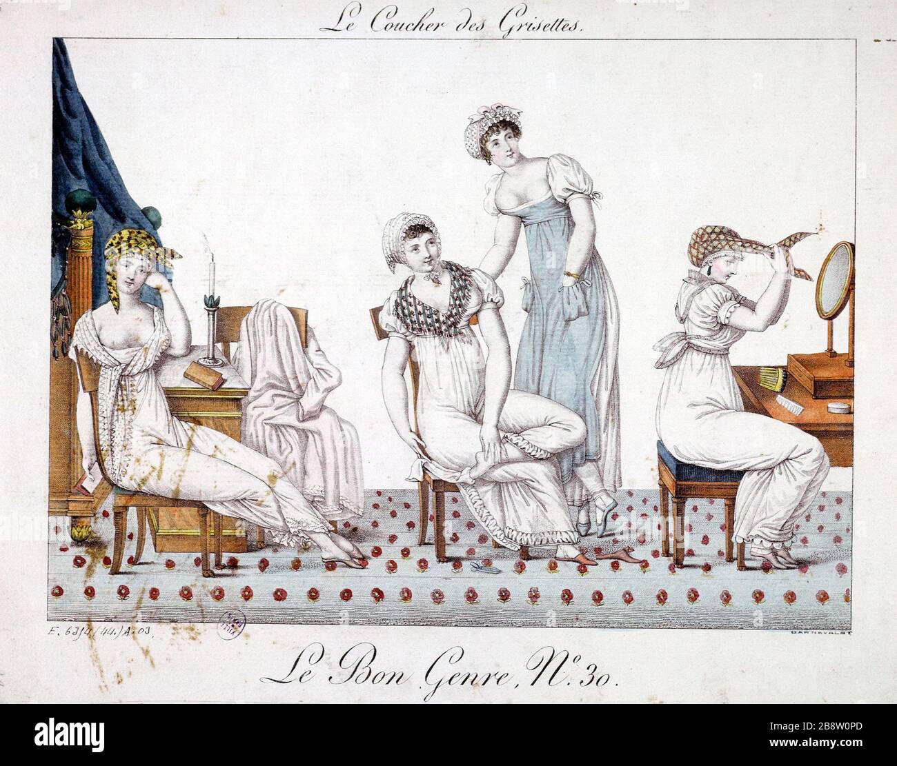 DER RICHTIGE TYP NUMMER 30 - DIE SONNENUNTERGANGS-GRISETTEN, "Le Bon Genre numéro 30" - "le coucher des Grisettes", "1807". Tiefdruck. Paris, musée Carnavalet. Stockfoto
