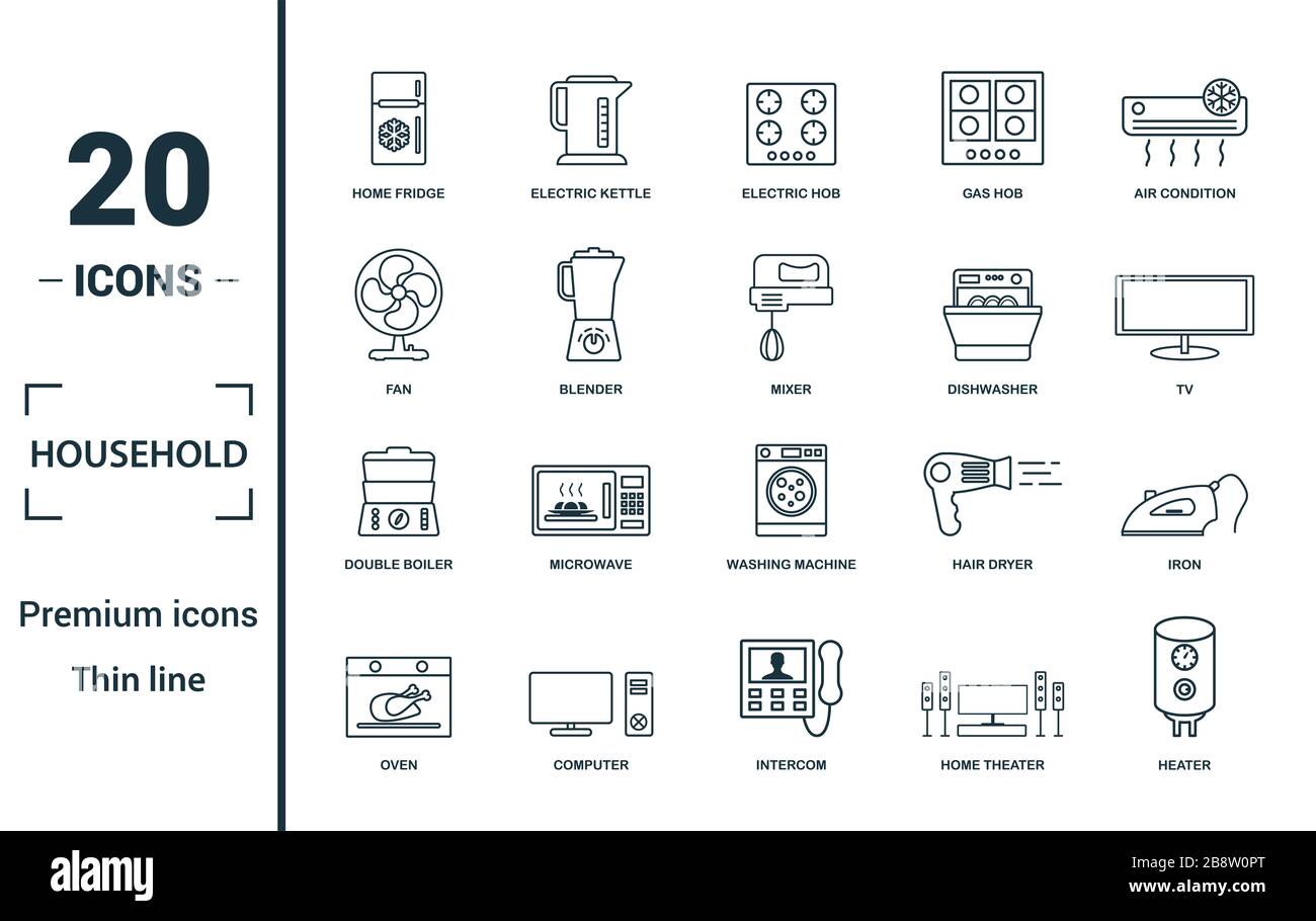 Haushalt Icon Set. Kreative Elemente home Kühlschrank, Elektroherd, Ventilator, Spülmaschine, Doppel-kessel-Symbole. Kann für den Bericht verwendet, Präsentation. Stockfoto