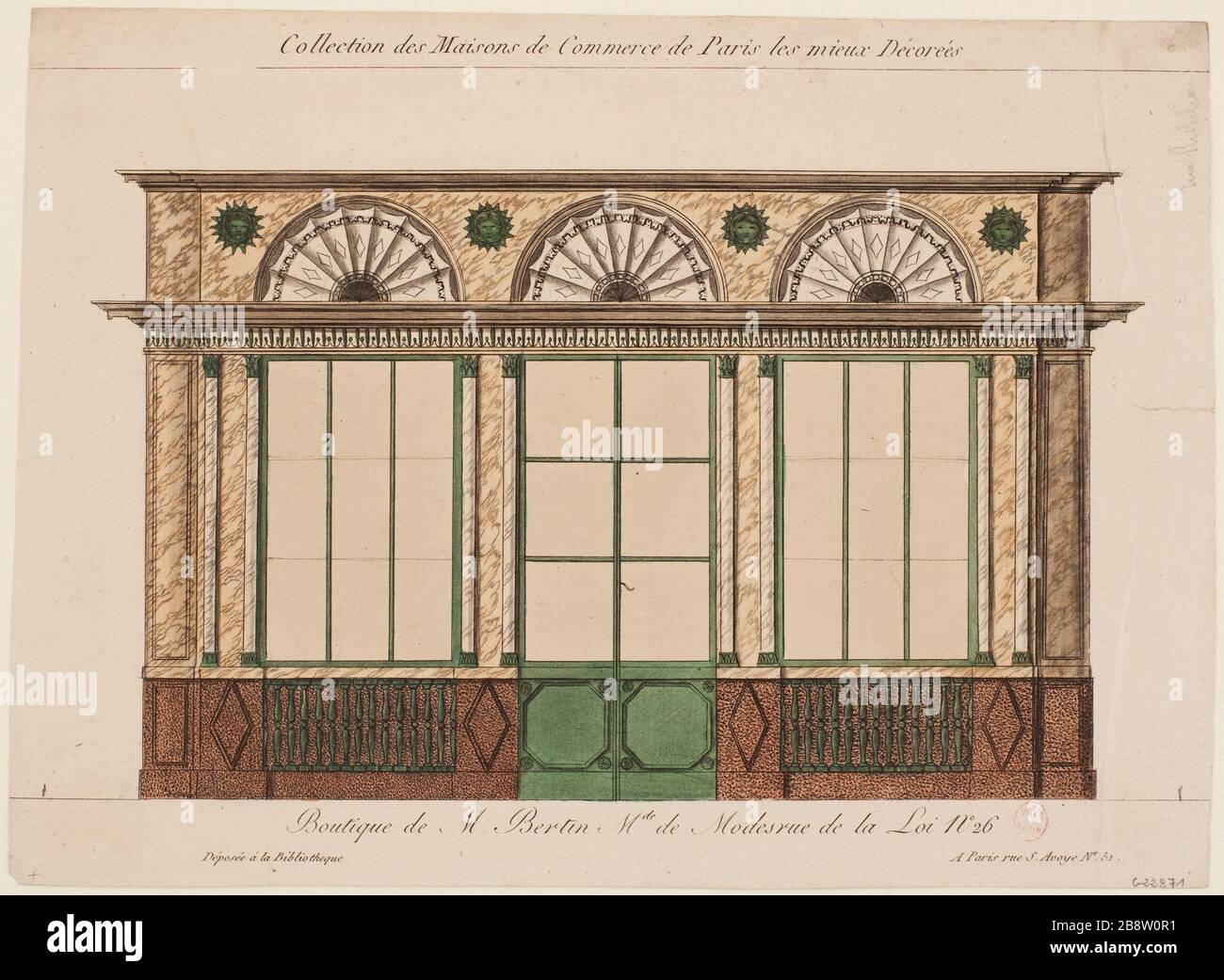 SAMMLUNG VON HÄUSERN DES HANDELS PARIS AM MEISTEN DEKORIERT; SHOP M BERTIN; MODI DER MARKTGÄNGIGKEIT, DAS STRASSENGESETZ NR. 26 ANONYME. "Collection des maisons de commerce de Paris les mieux décorés; Boutique de M Bertin; Marchande de Modes, rue de la Loi n 26". Eau-forte coloriée. Paris, musée Carnavalet. Stockfoto