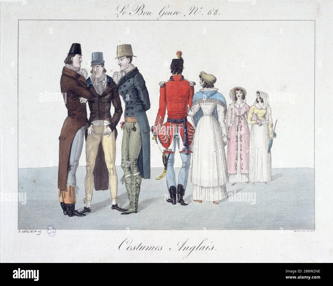 GUTES GESCHLECHT AUSGABE 68 - KOSTÜME ENGLISCH "Le Bon Genre numéro 68, 1814 - Kostüme anglais". Tiefdruck. Paris, musée Carnavalet. Stockfoto